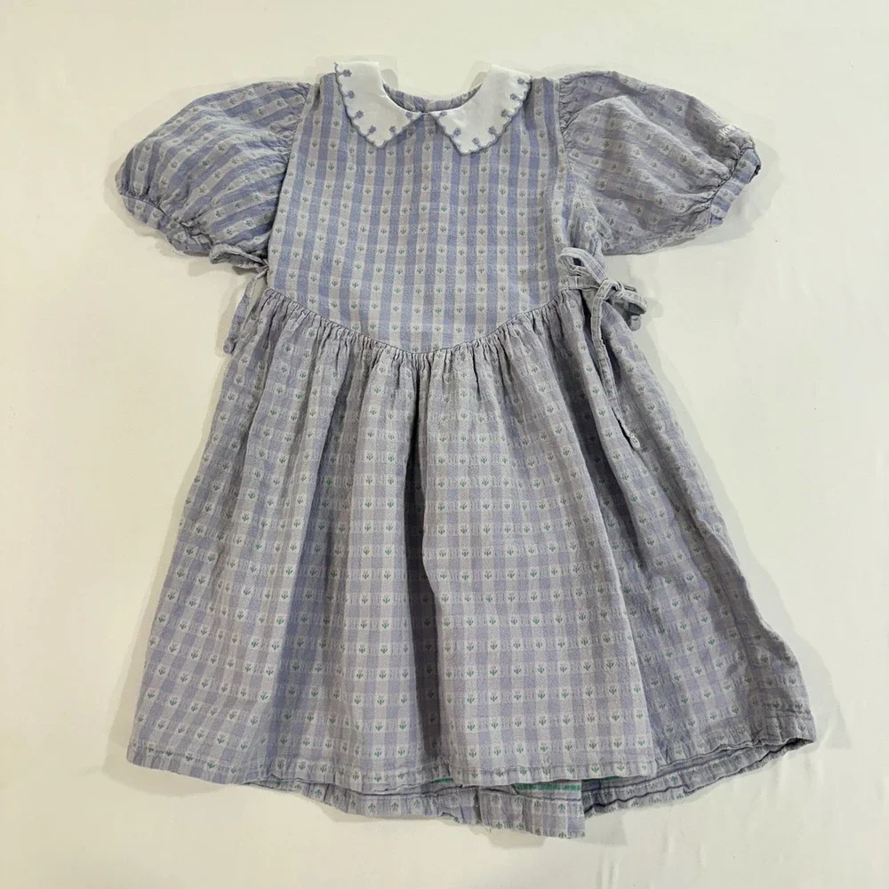 OshKosh B'gosh Vintage Dress Girls 6X Purple Gingham Cotton Floral Peter Pan USA